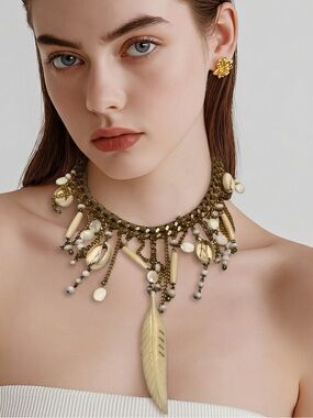 Sara Designs Gold Tone Shell & Feather
Statement Necklace